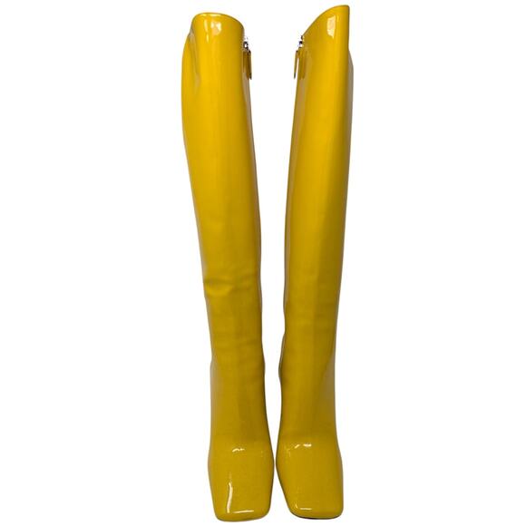 Prada Yellow Patent Leather Knee High Block Heel Boots Women’s 40 10 US - Picture 2 of 9